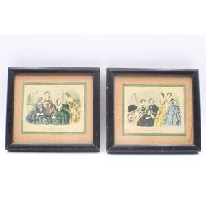 Vtg Small Art Fashion Prints (2) Godeys Ladys Book Black Wooden Frames 5x4" Hang